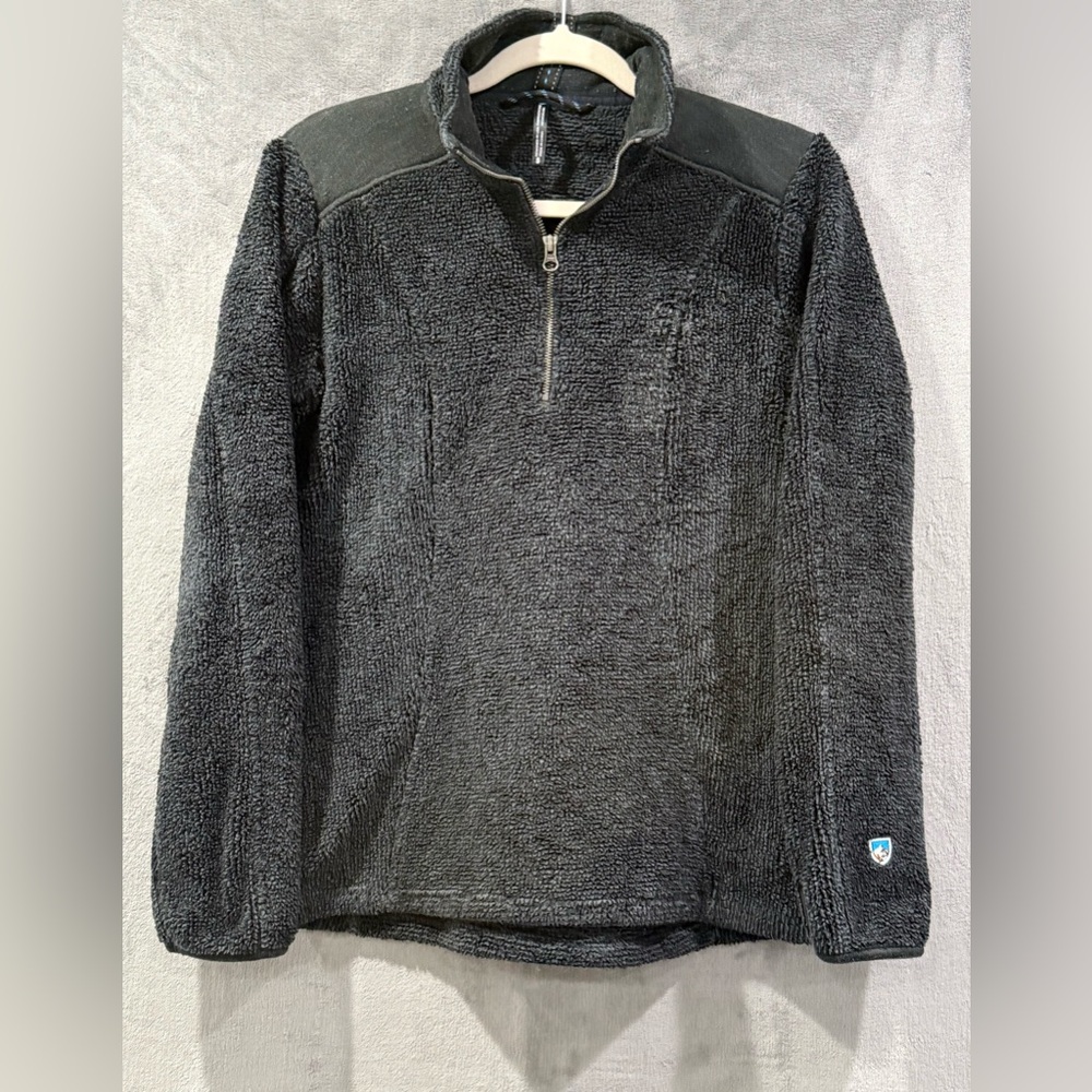 KUHL Sherpa Fleece Jacket Size Small Black 1/4 Zip Pullover Thumbholes Hiking